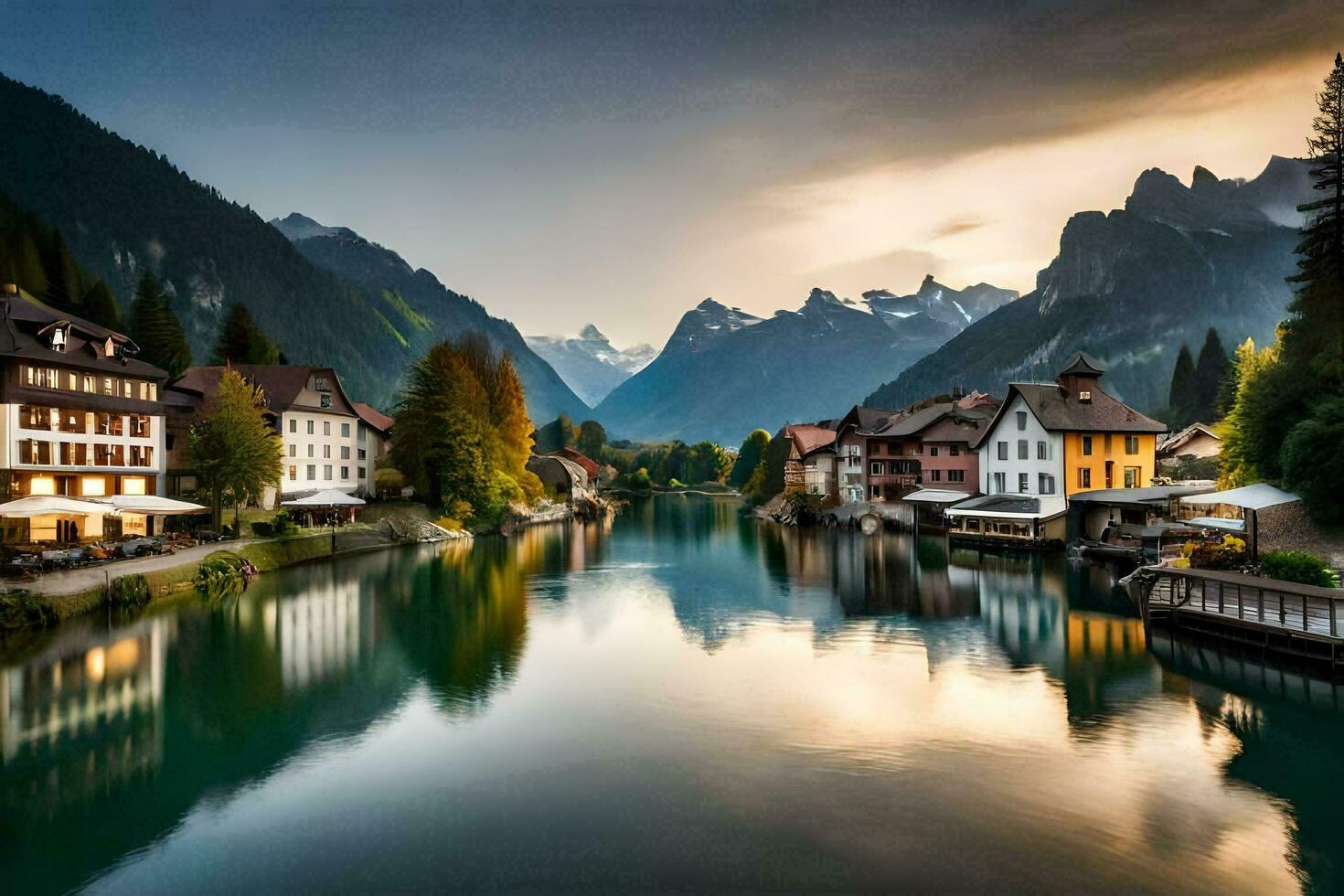 a river in the mountains with houses on either side. AI-Generated photo