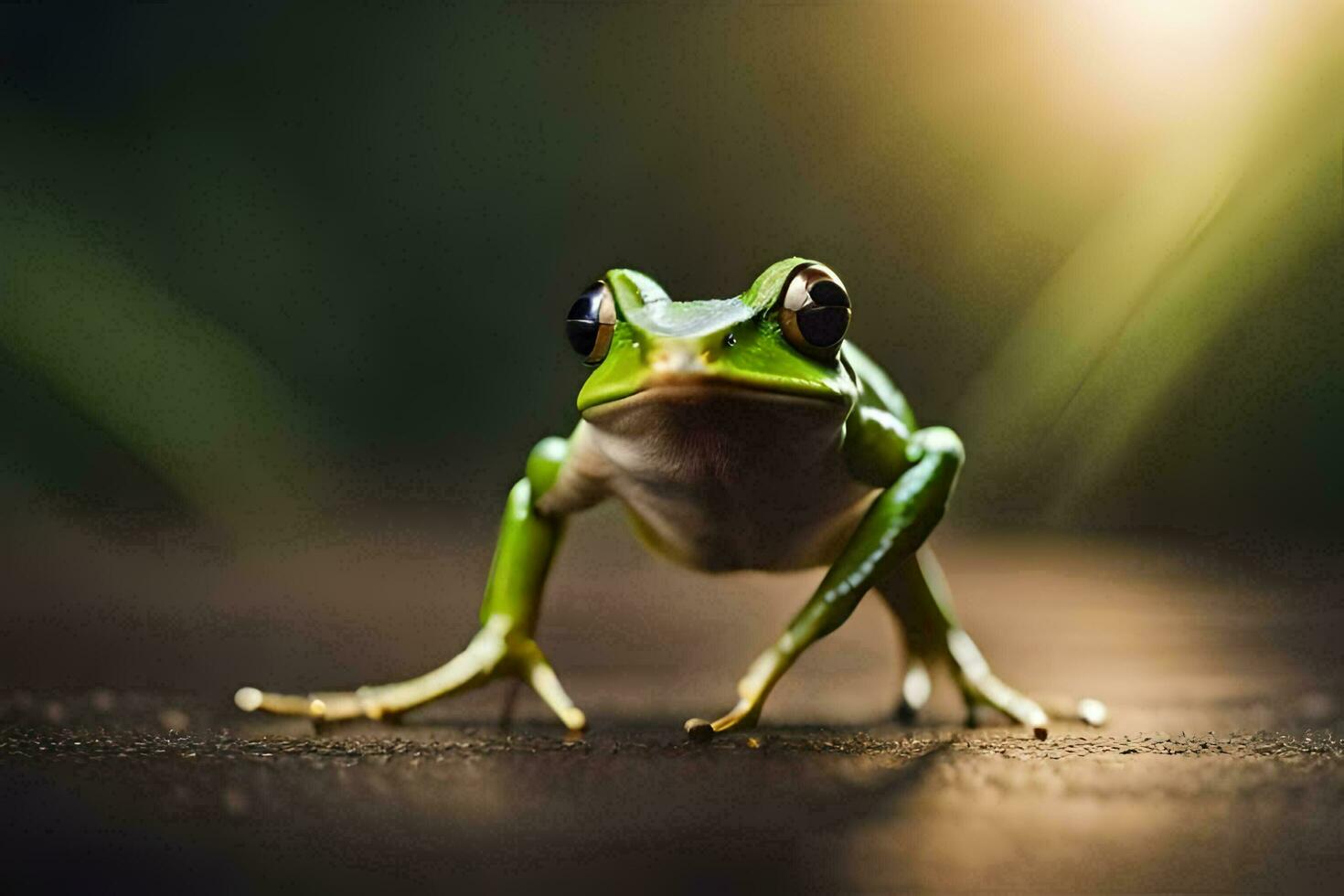 a frog is standing on a wooden floor. AI-Generated photo