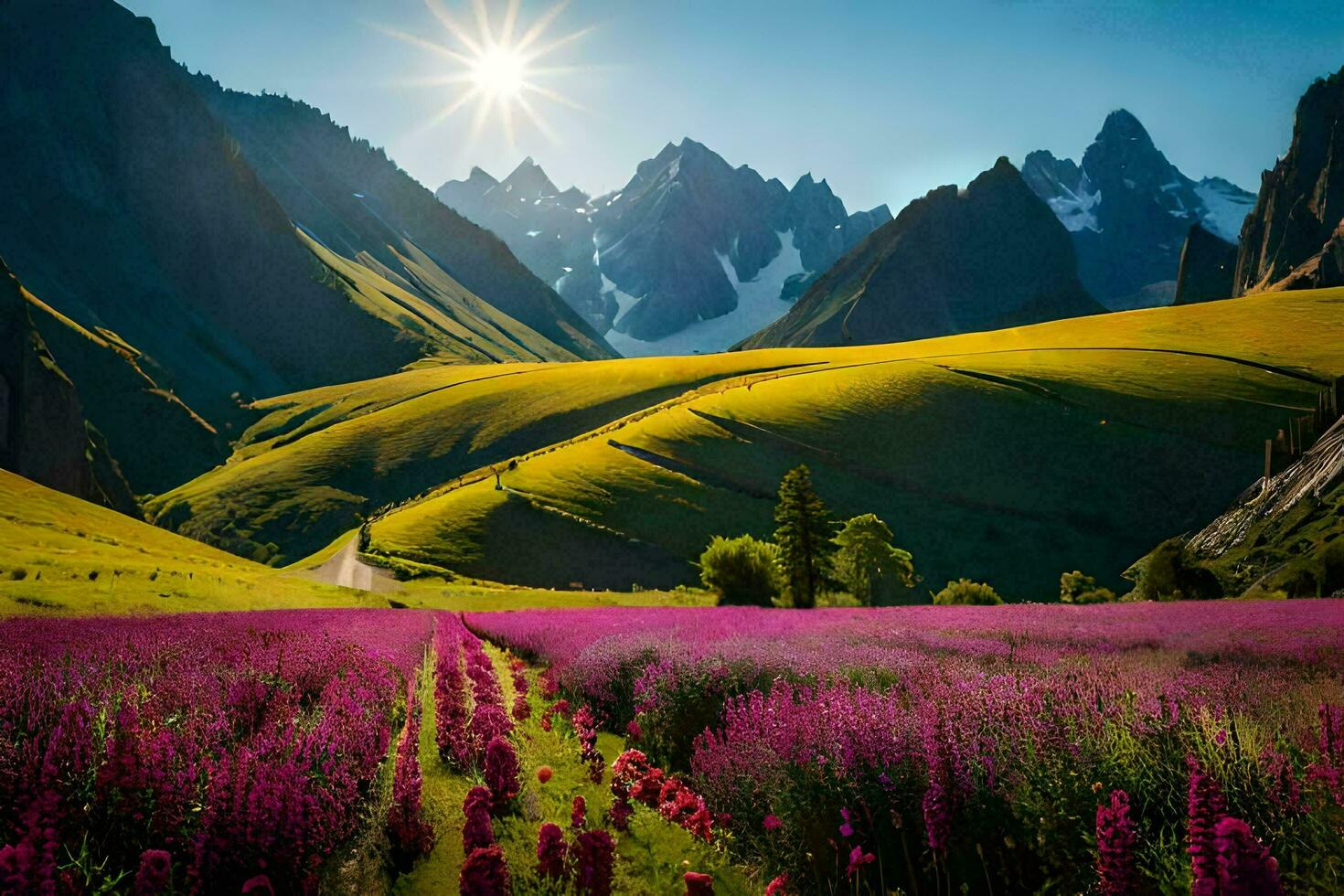 the sun shines over a field of purple flowers in the mountains. AI-Generated photo