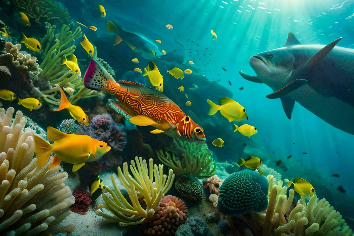 a fish swims in the ocean with coral reefs and fish. AI-Generated photo