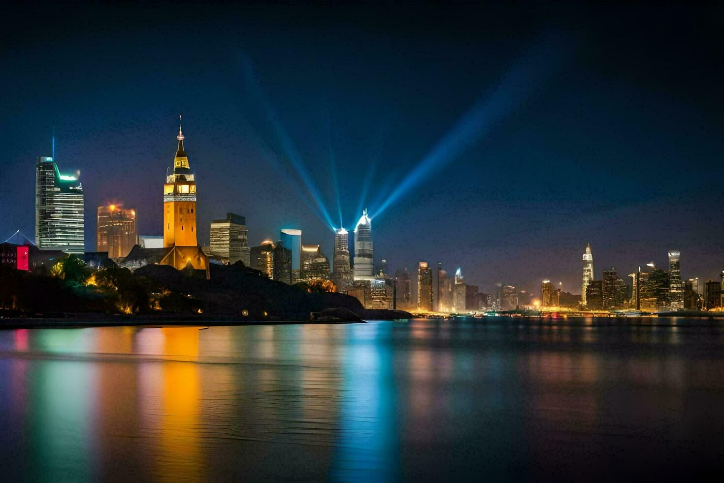 el ciudad horizonte a noche con luces brillante en él. generado por ai foto