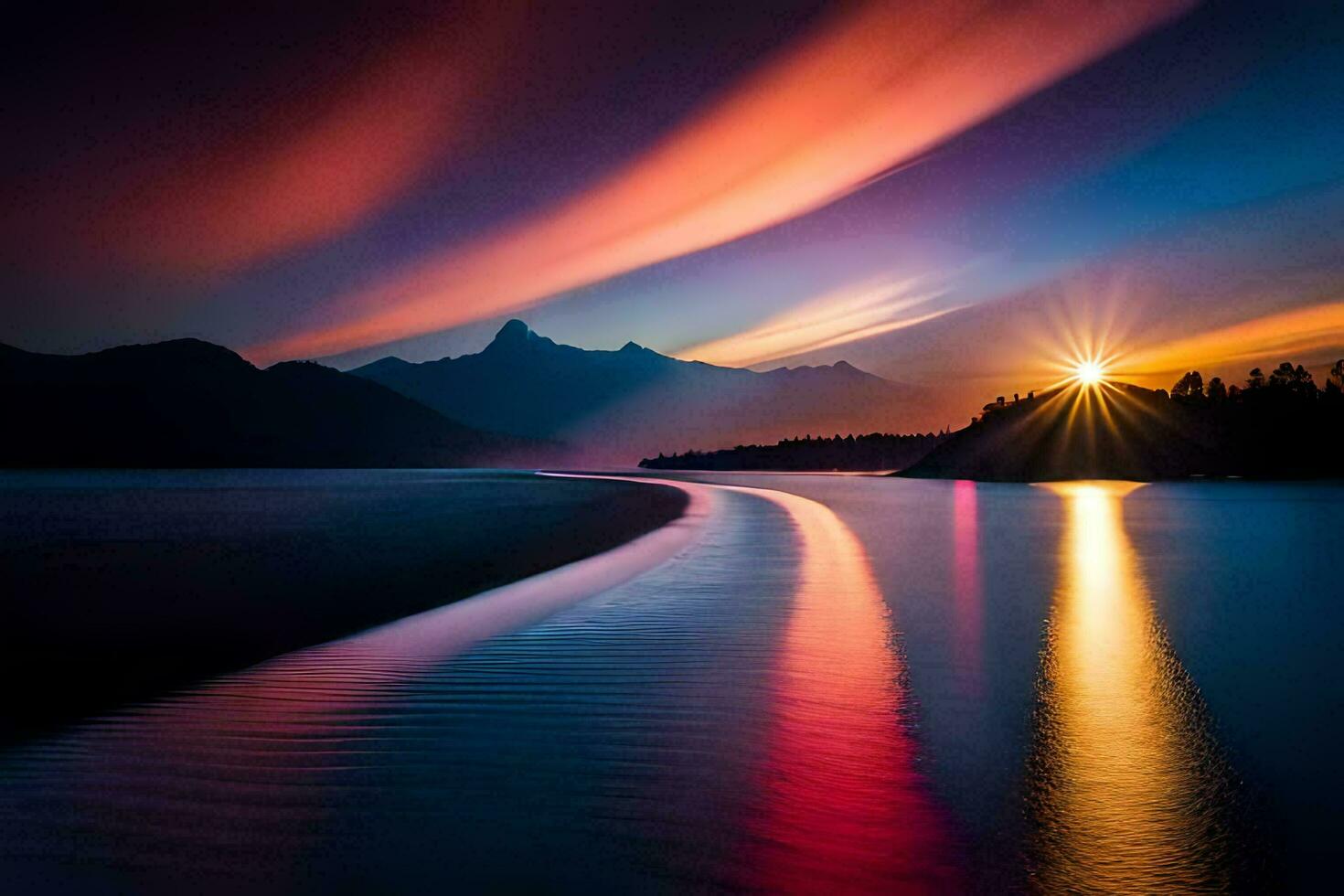 the sun is shining over a lake and mountains. AI-Generated photo