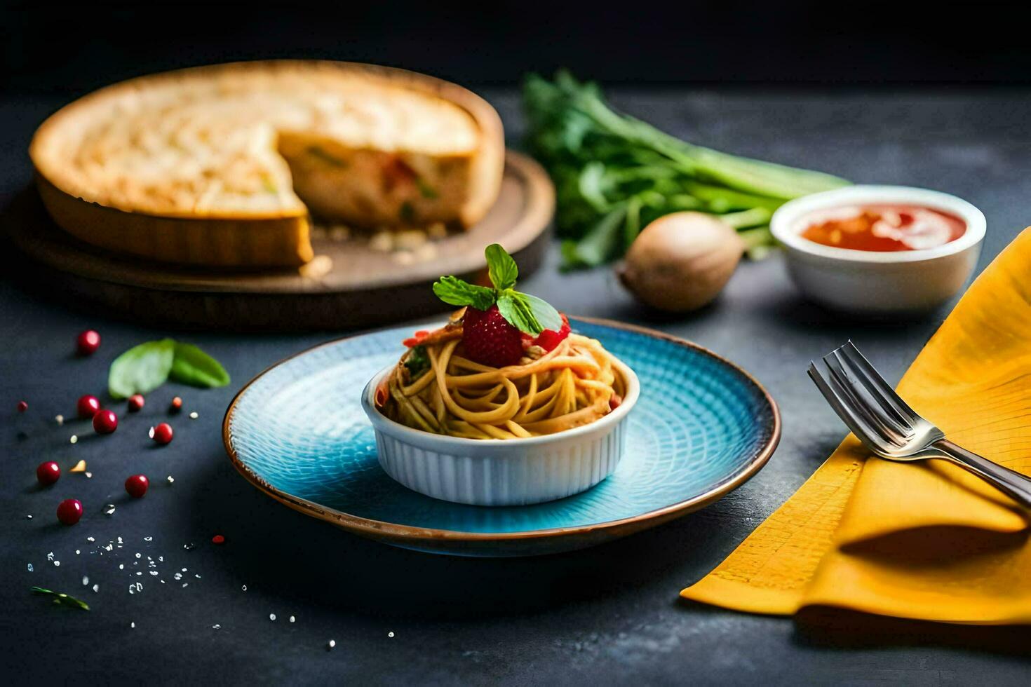 spaghetti with tomato sauce and basil on a blue plate. AI-Generated photo