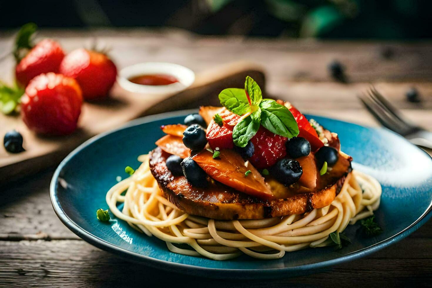 the food is served on a plate with a fork and a knife. AI-Generated photo