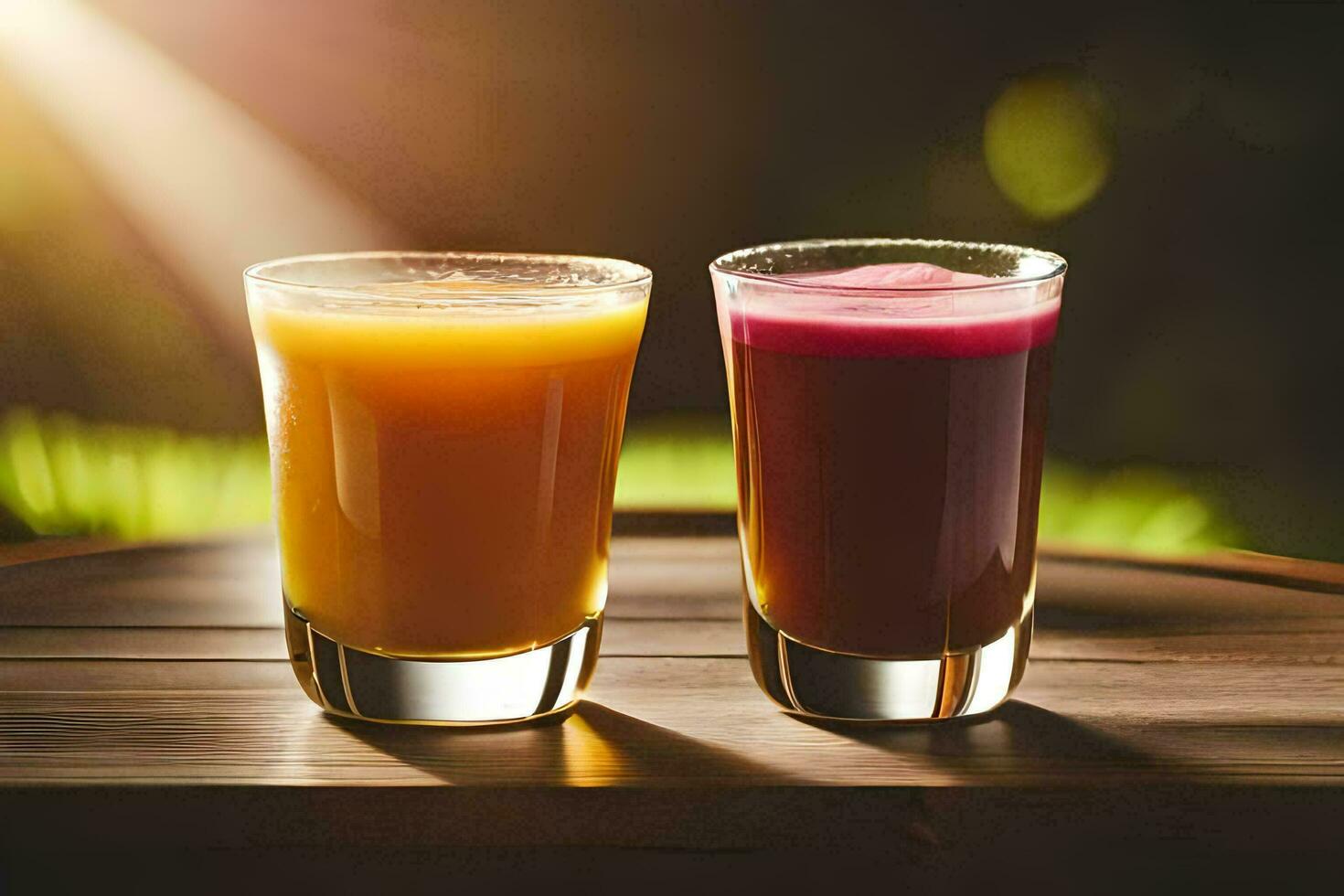 two glasses of juice on a table. AI-Generated photo