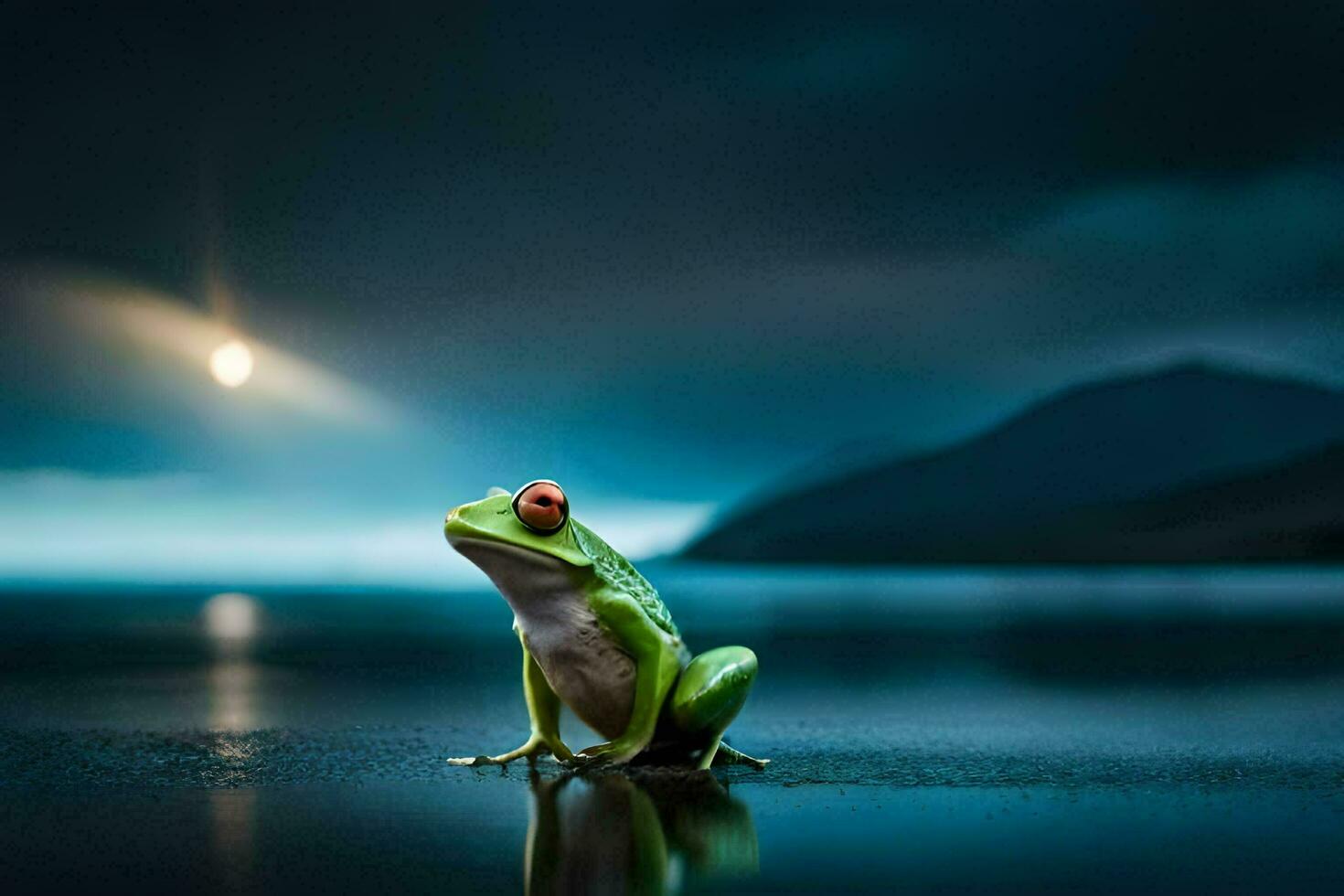 a frog sitting on the shore at night. AI-Generated photo