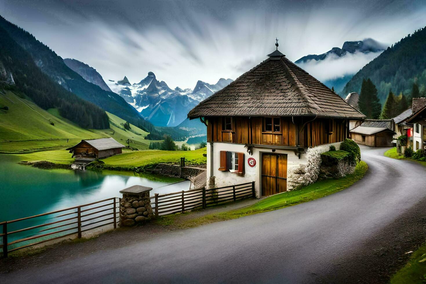 photo wallpaper mountains, the sky, lake, house, house, the house, the lake,. AI-Generated