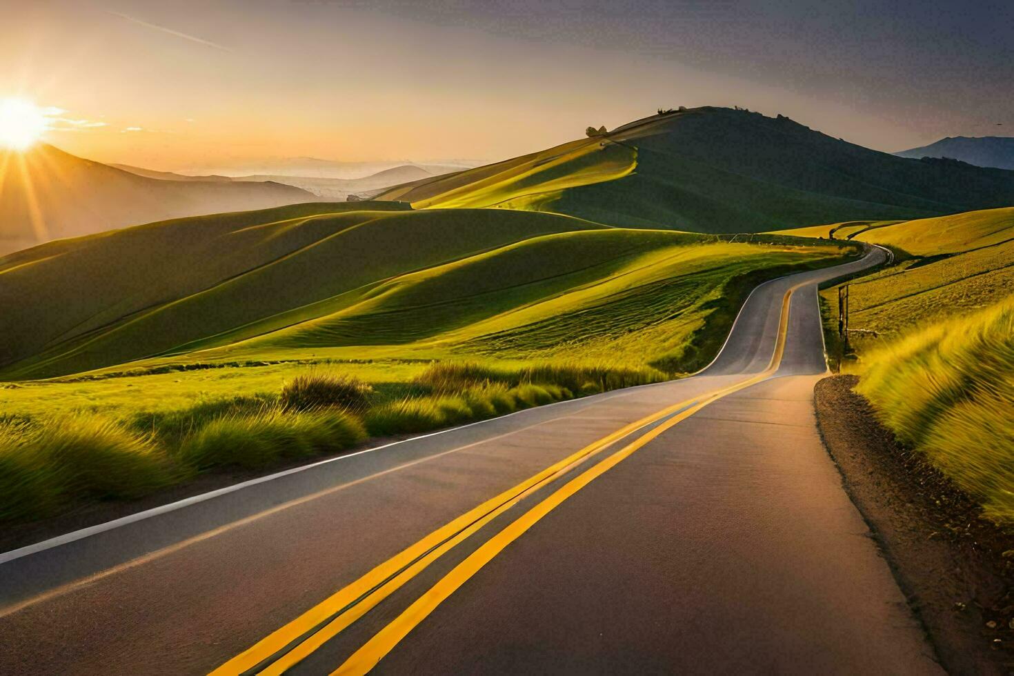 the sun rises over a winding road in the mountains. AI-Generated photo