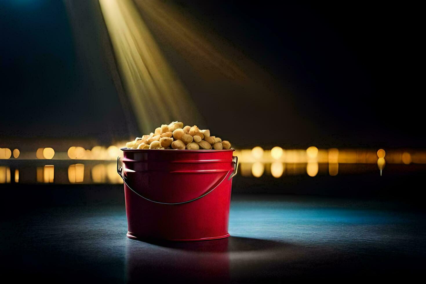 a bucket of popcorn on a table with lights shining on it. AI-Generated photo