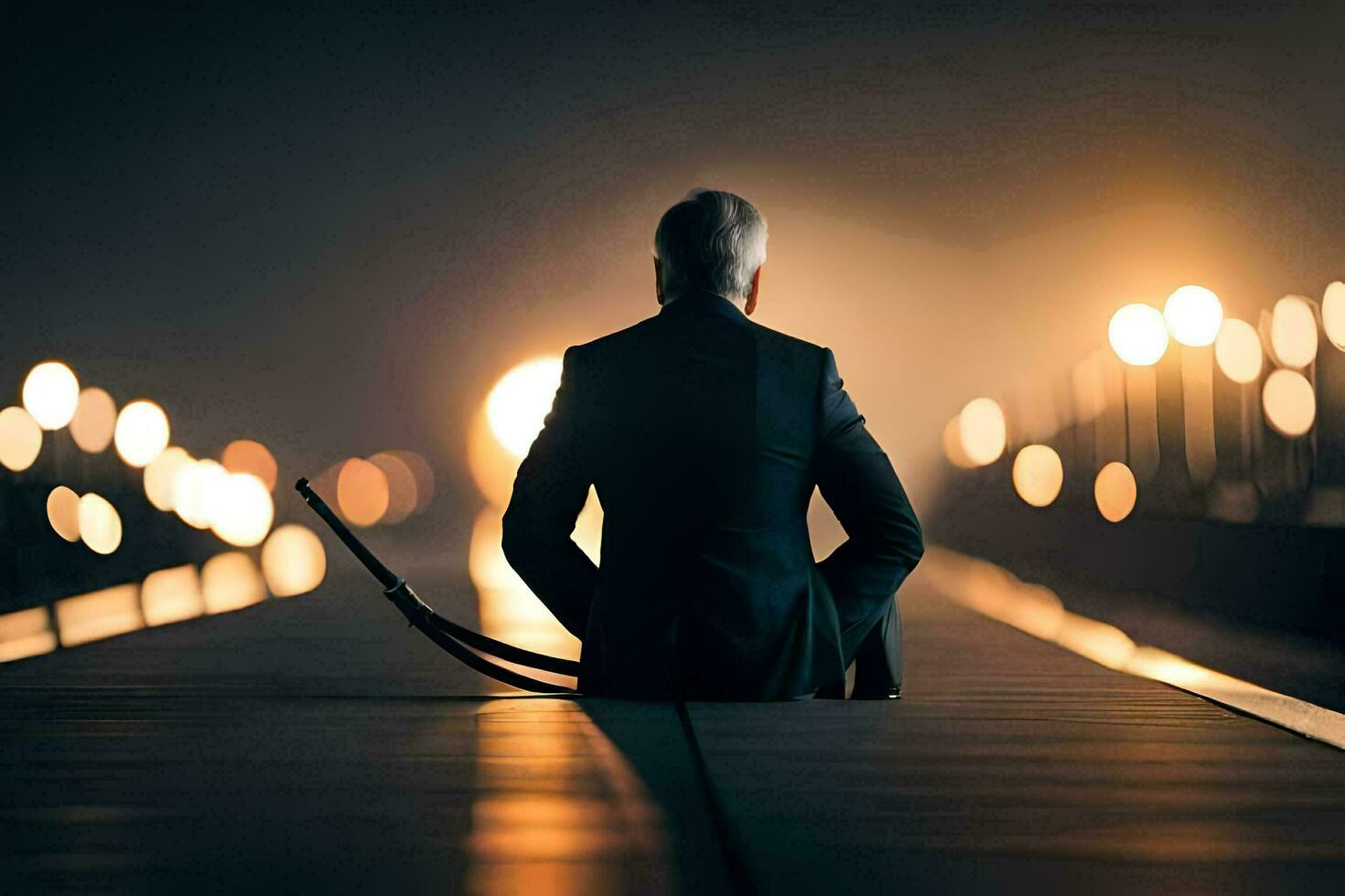 a man in a suit sitting on a bridge at night. AI-Generated photo