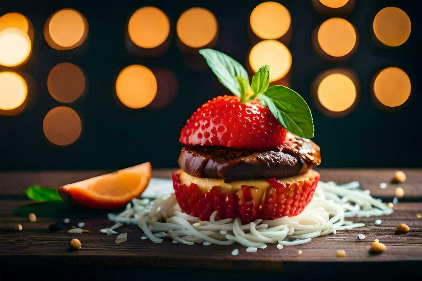 a strawberry and cheese burger on a wooden table. AI-Generated photo