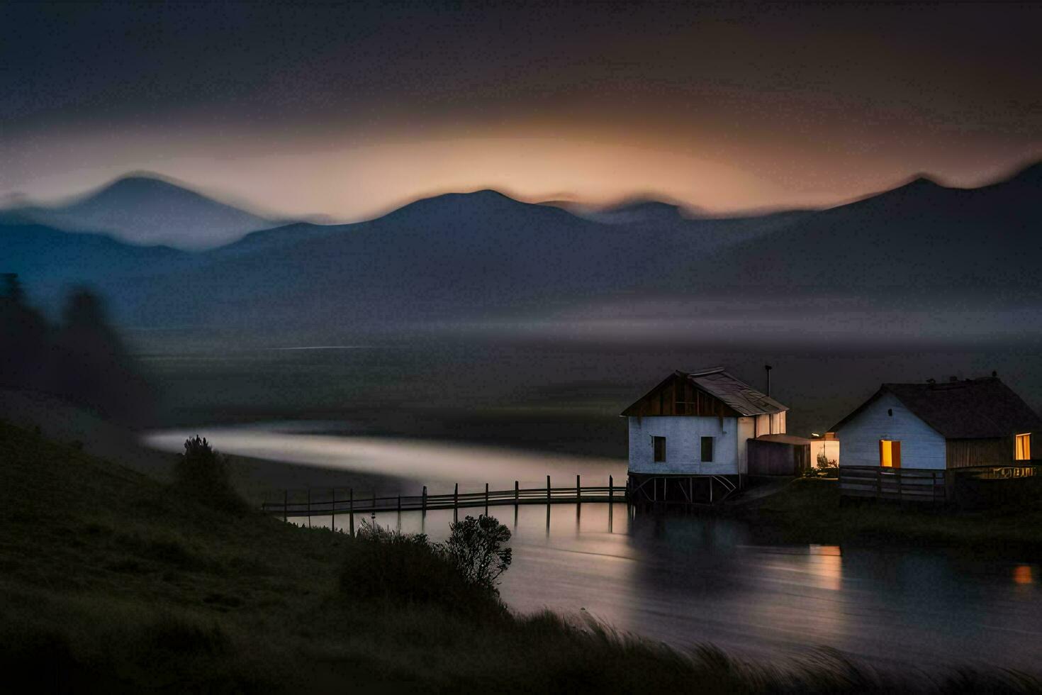 a house sits on the edge of a lake at dusk. AI-Generated photo