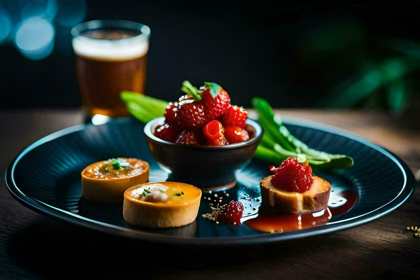 a plate with a dessert and a glass of beer. AI-Generated photo
