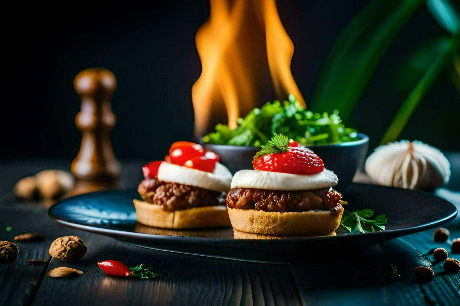 two mini burgers with cheese and tomatoes on a black plate. AI-Generated photo