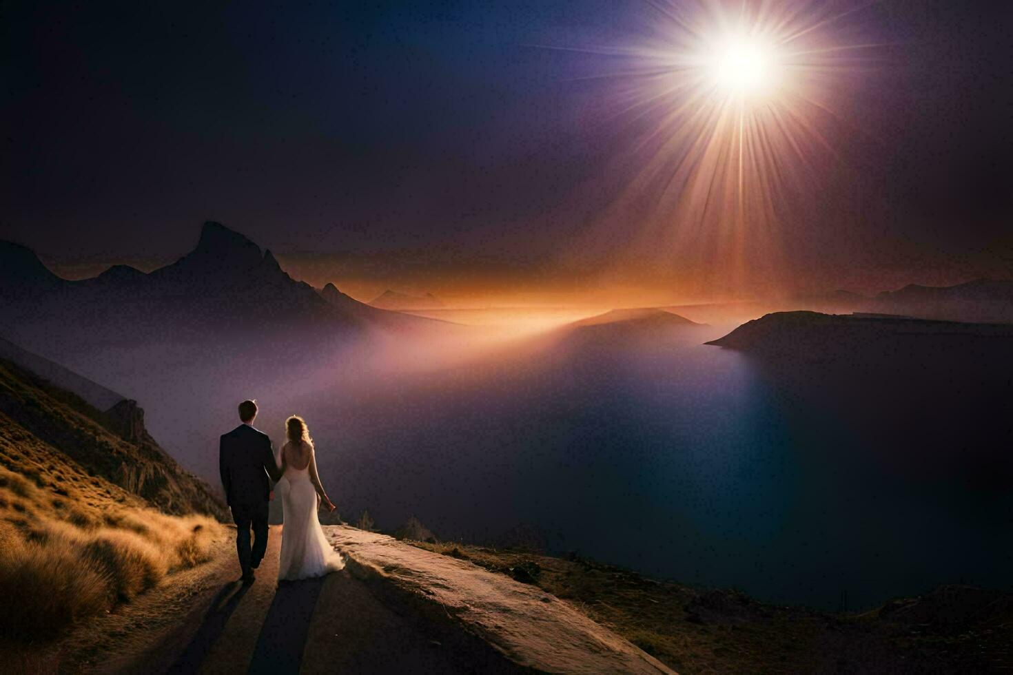 a bride and groom walk along a path at sunset. AI-Generated photo