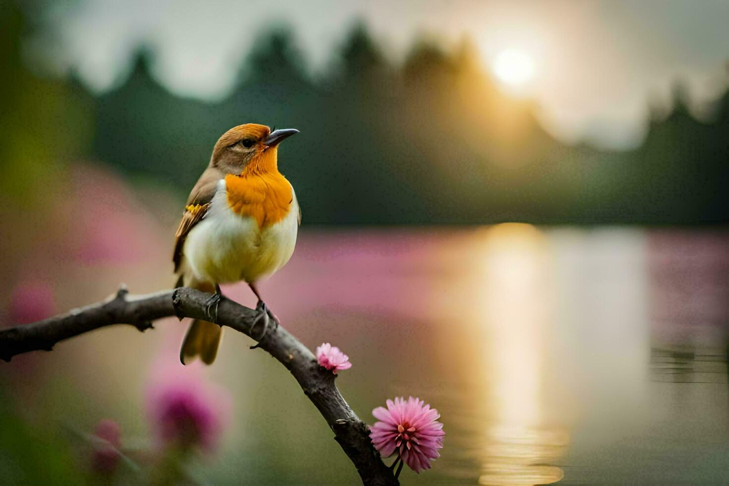 a bird sits on a branch near a lake. AI-Generated photo