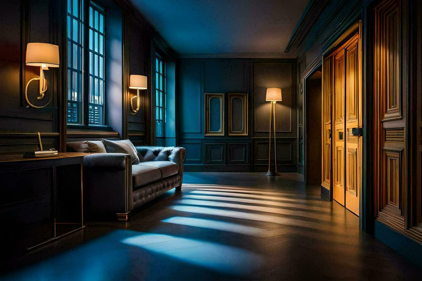 the entrance to a dark hallway with a couch and two lamps. AI-Generated photo