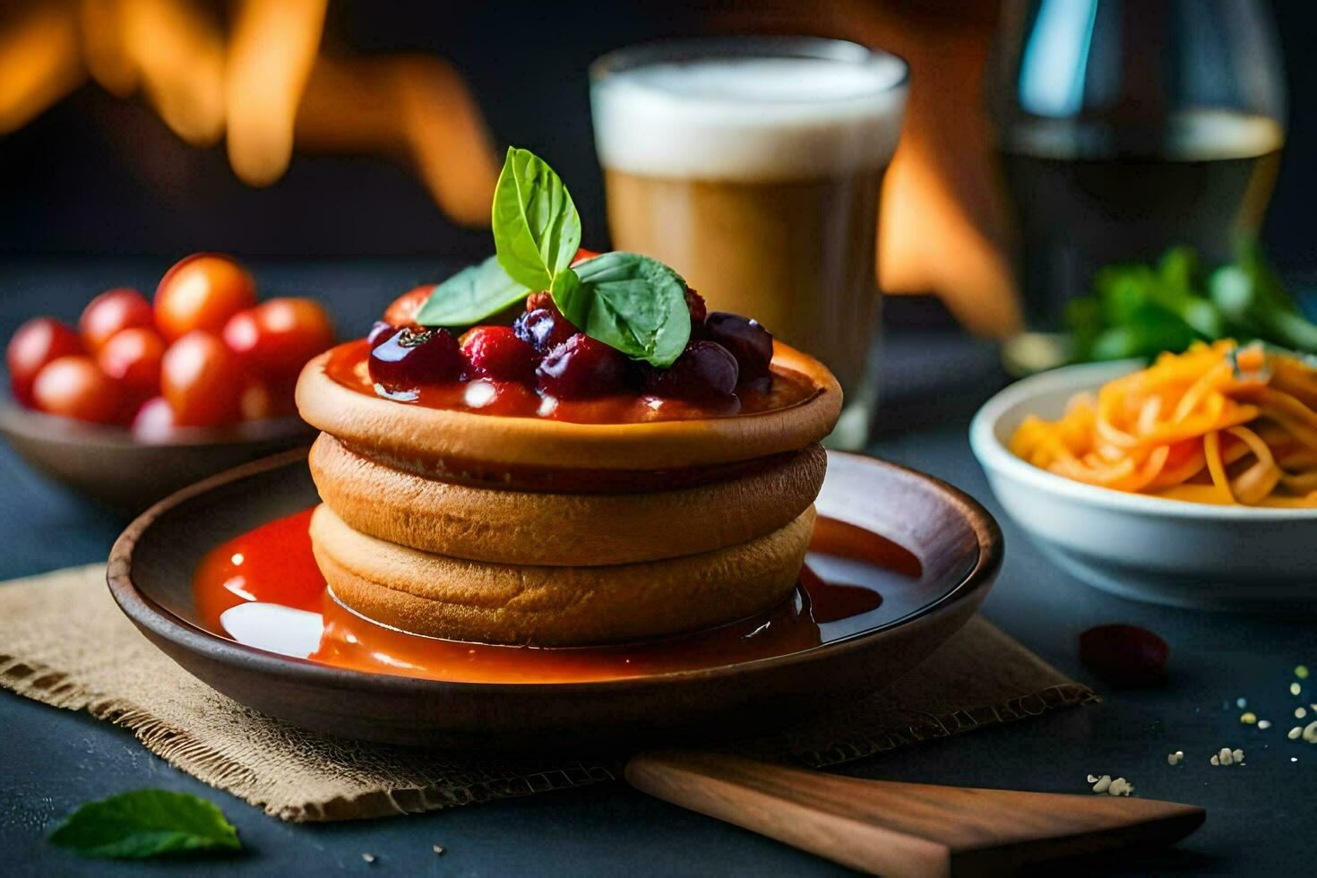 a stack of pancakes with fruit and sauce on top. AI-Generated photo