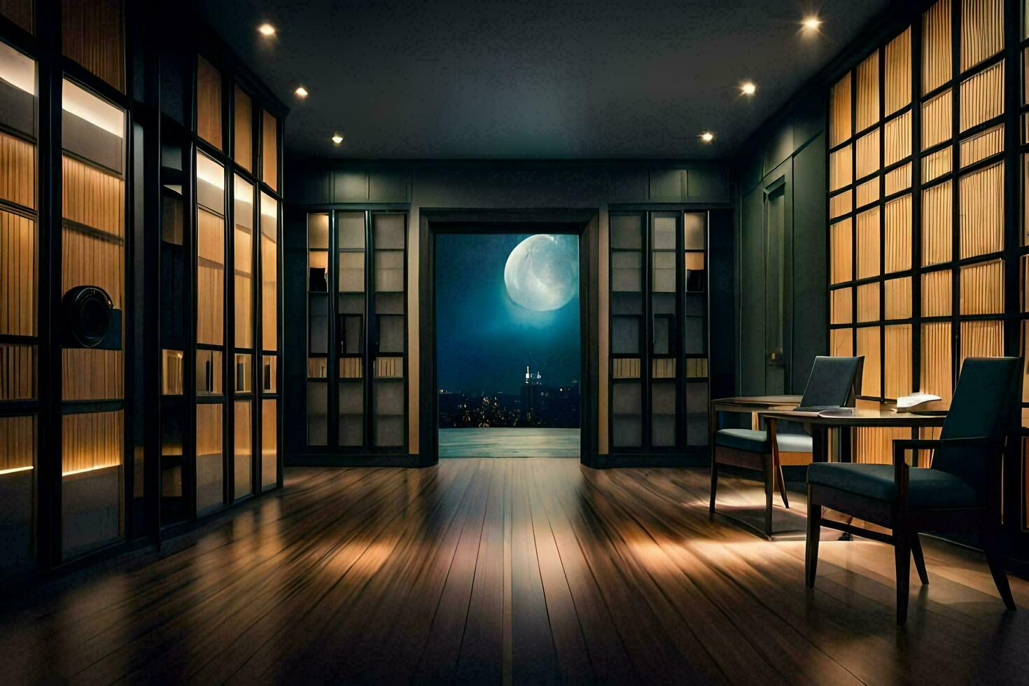a room with wooden floors and a moonlit view. AI-Generated photo