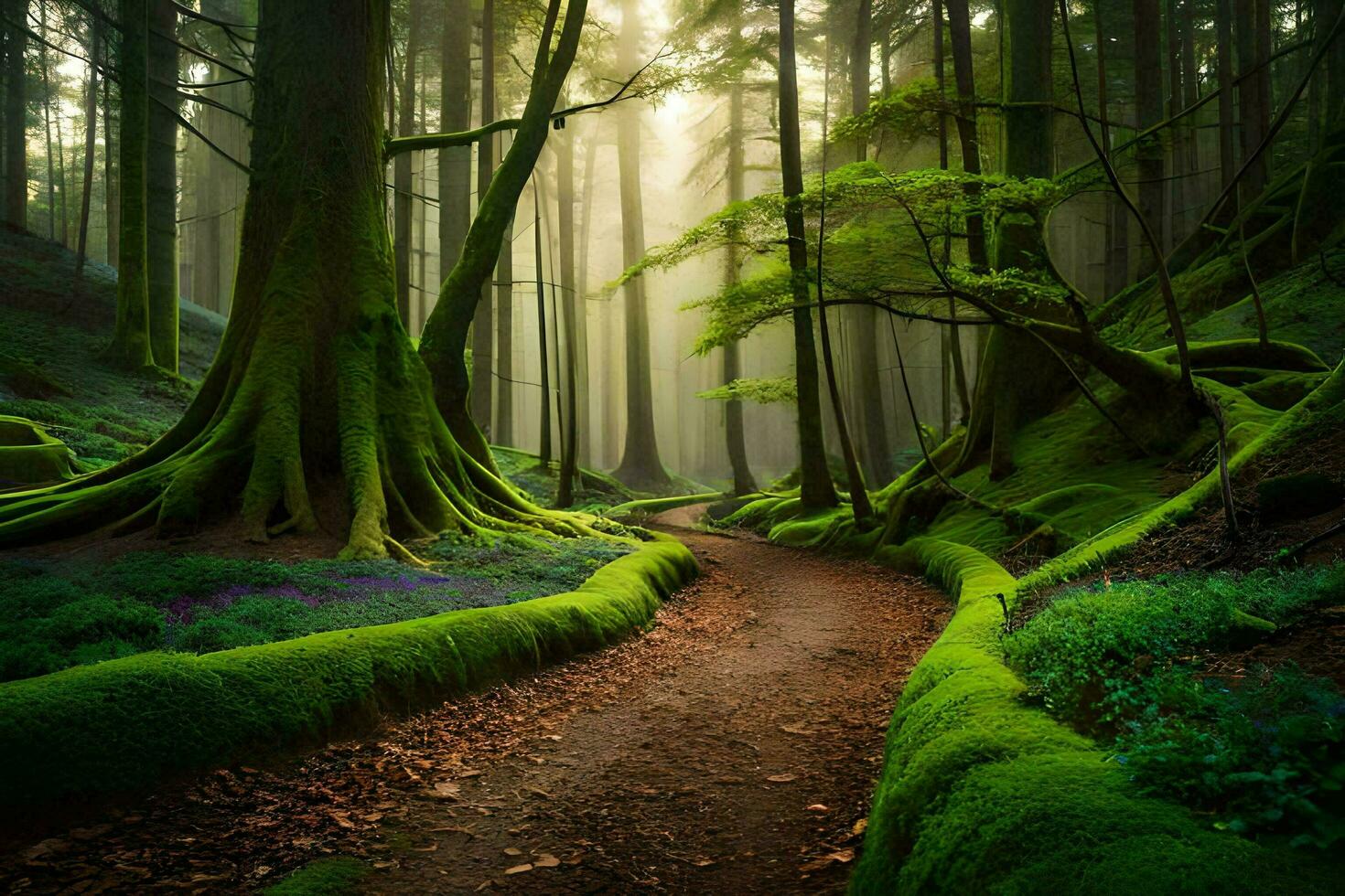 a path through a forest with mossy trees. AI-Generated photo