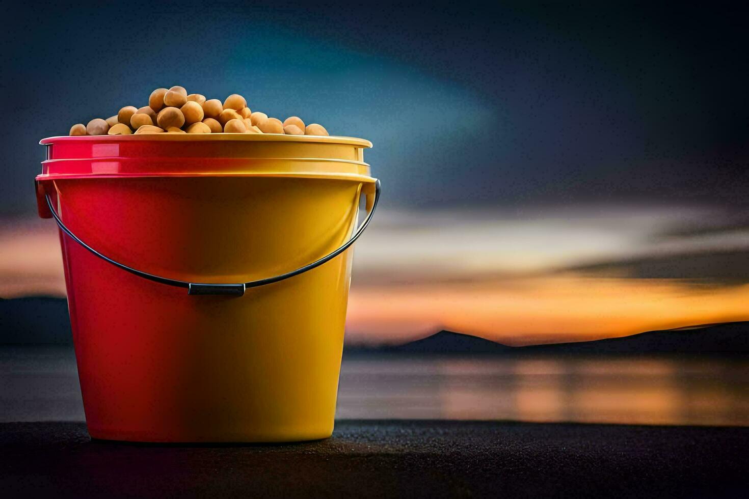 a bucket of peanuts on a table. AI-Generated photo