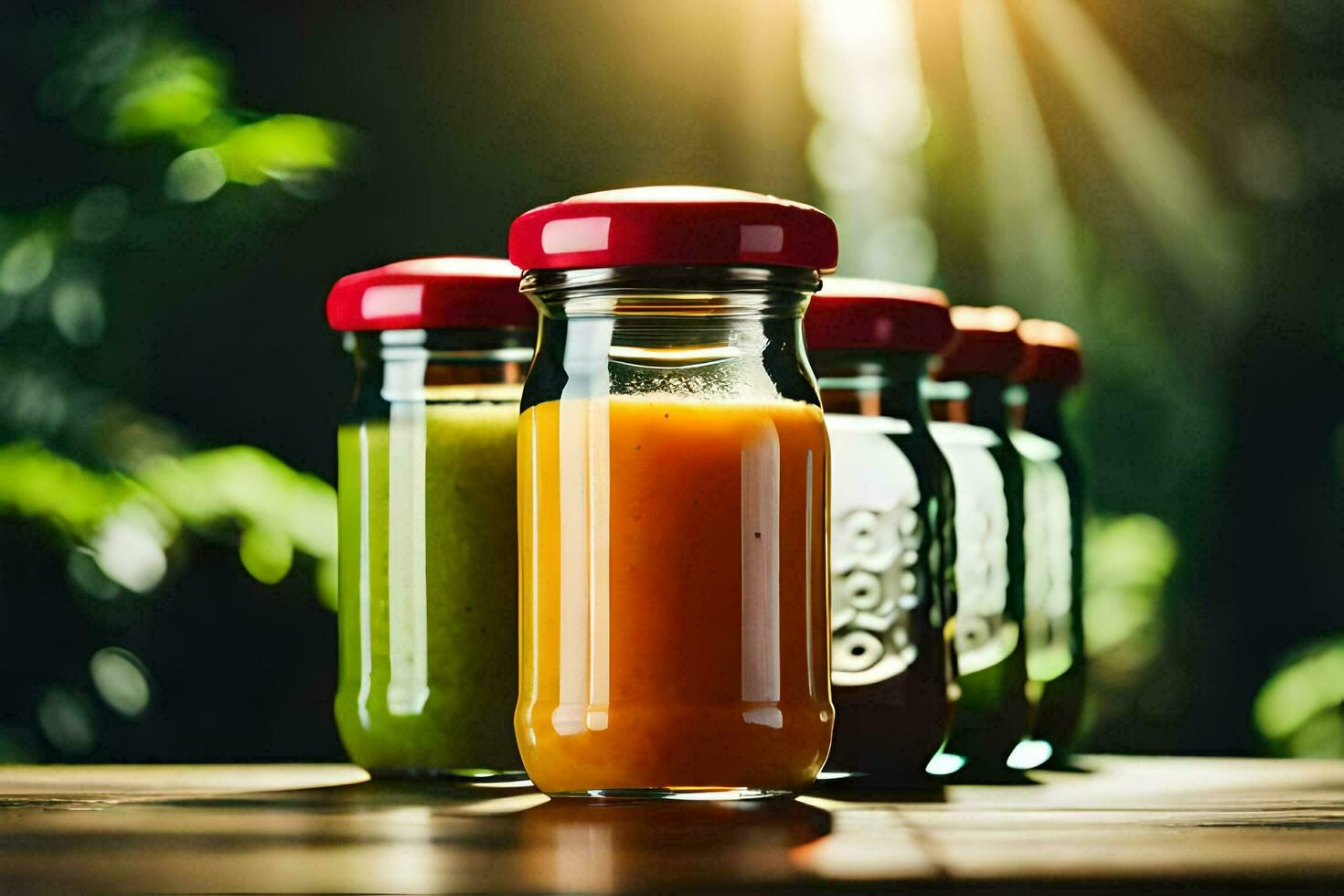 a group of jars with different colored juices. AI-Generated photo
