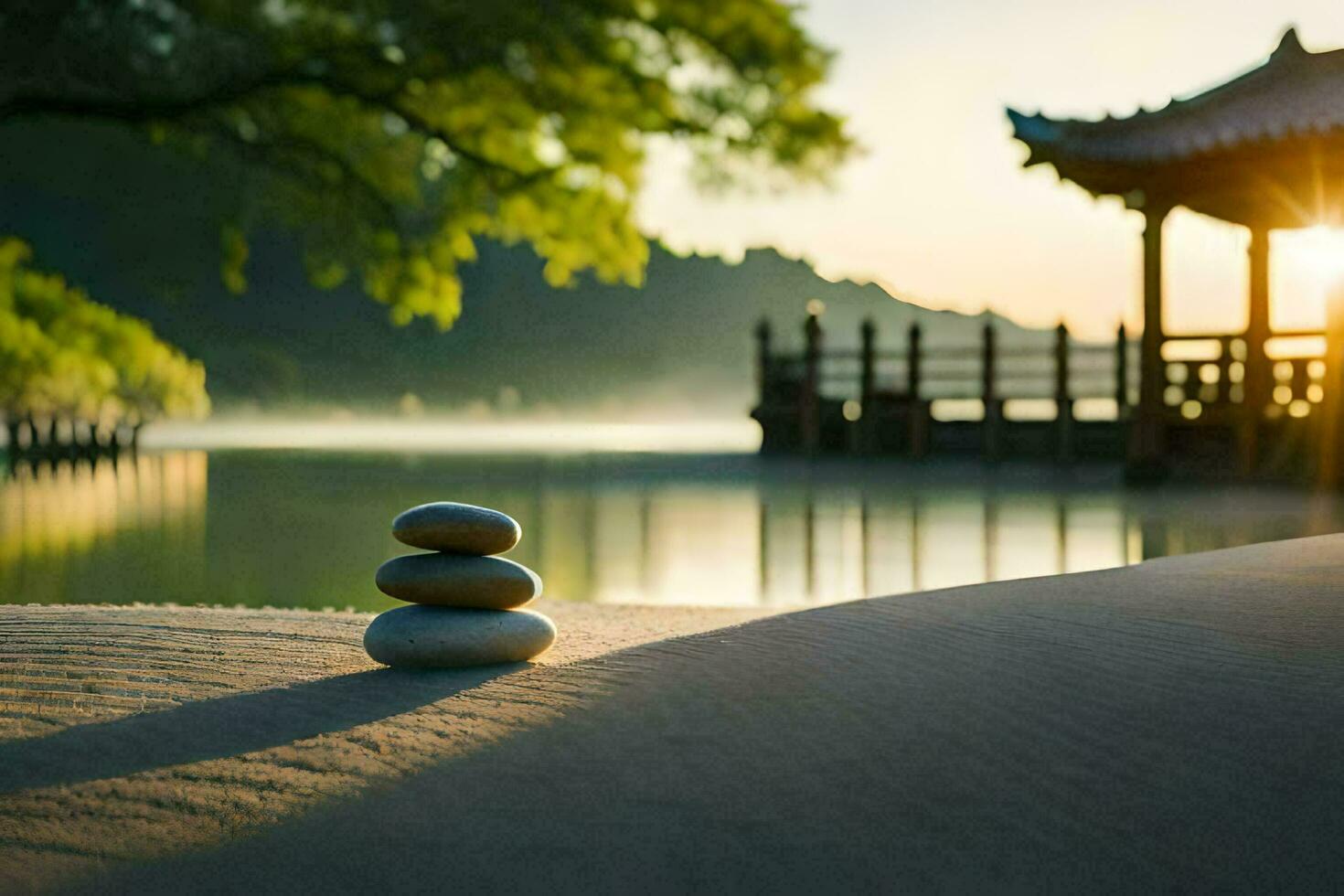 a stack of stones sits on the sand near a lake. AI-Generated photo