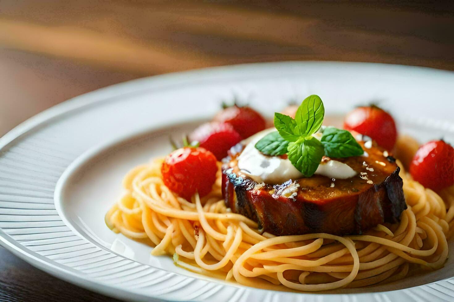 a plate with spaghetti and meat on it. AI-Generated photo