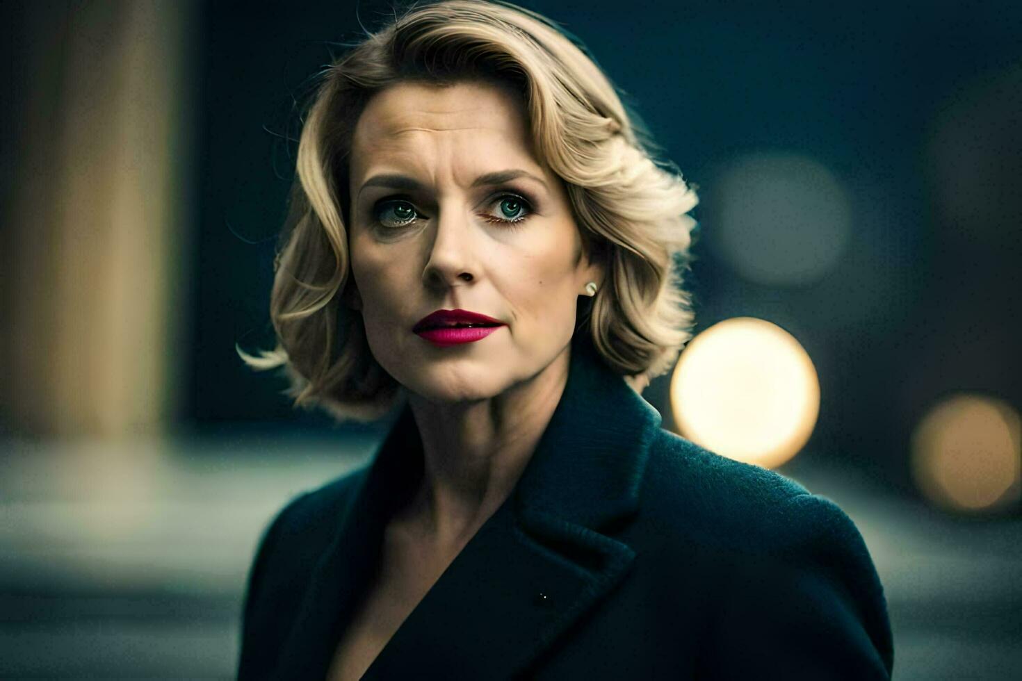 a woman with short blonde hair and a black coat. AI-Generated photo