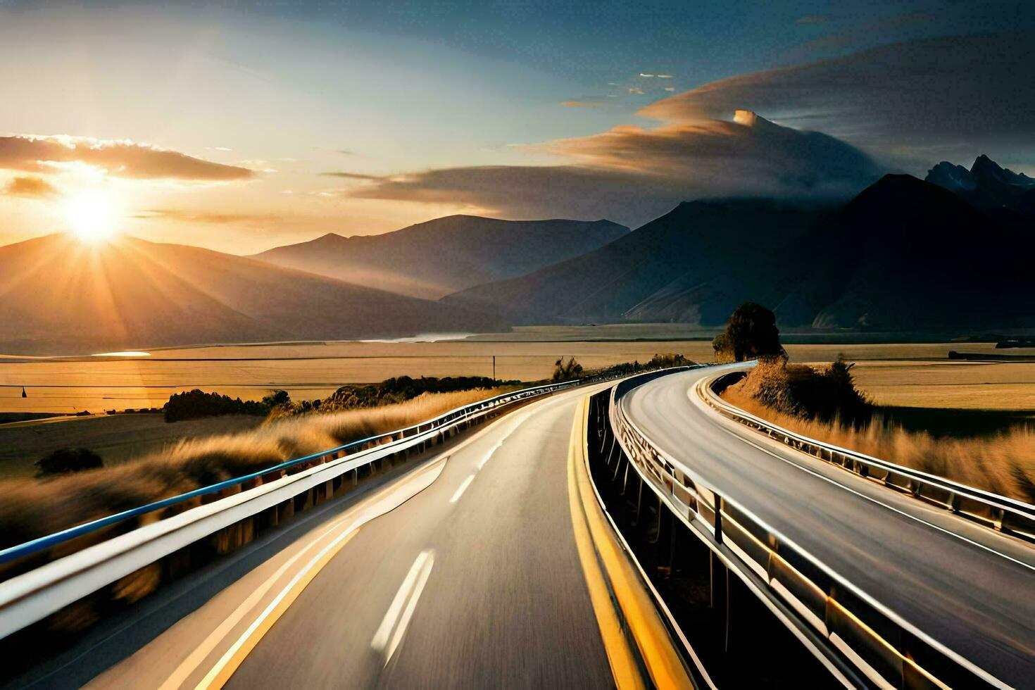 a highway with the sun setting over mountains. AI-Generated photo