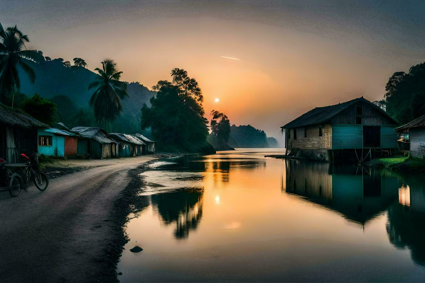 a river in the middle of a village at sunset. AI-Generated photo