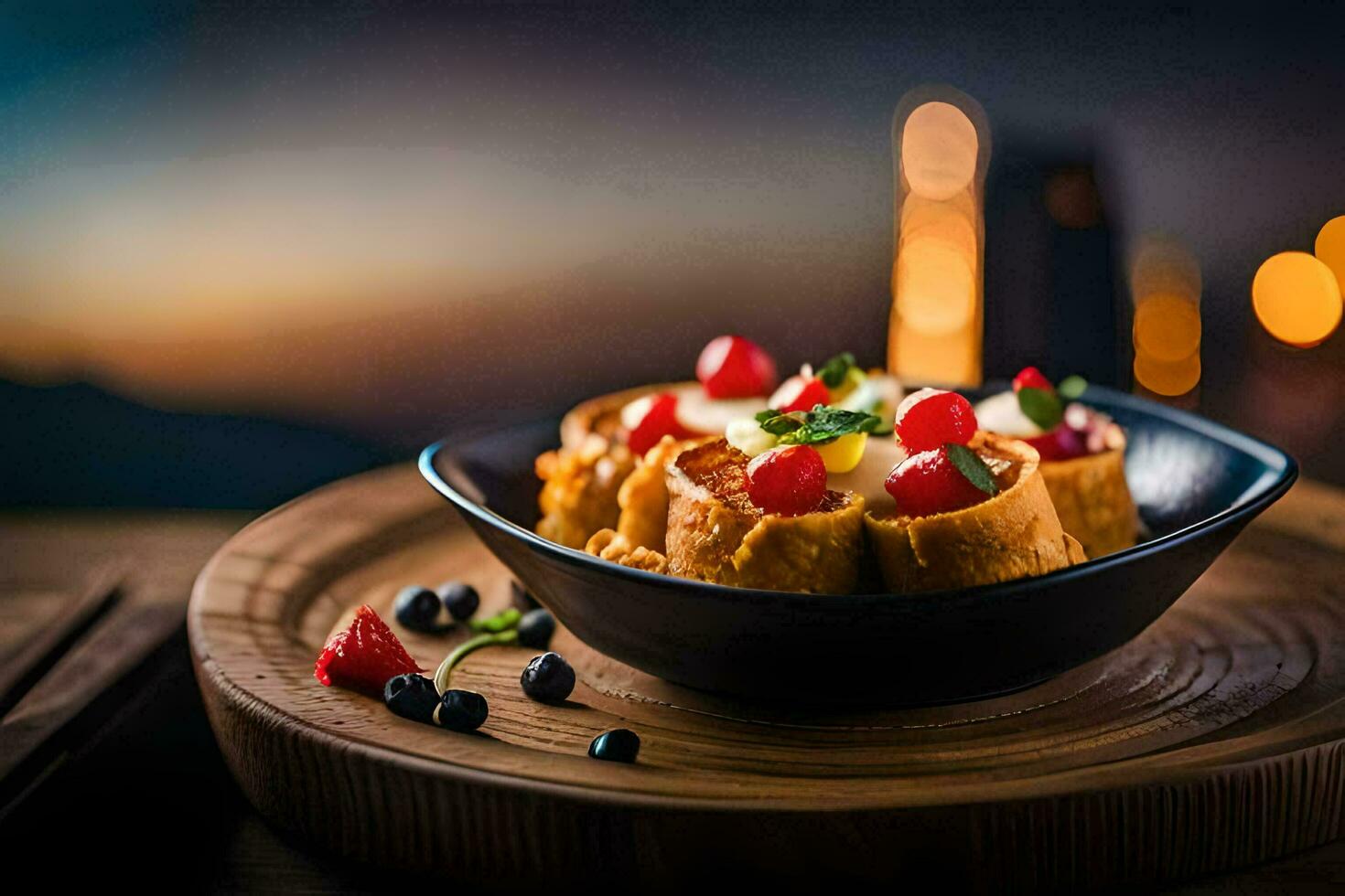 a bowl of food with fruit and berries on top. AI-Generated photo