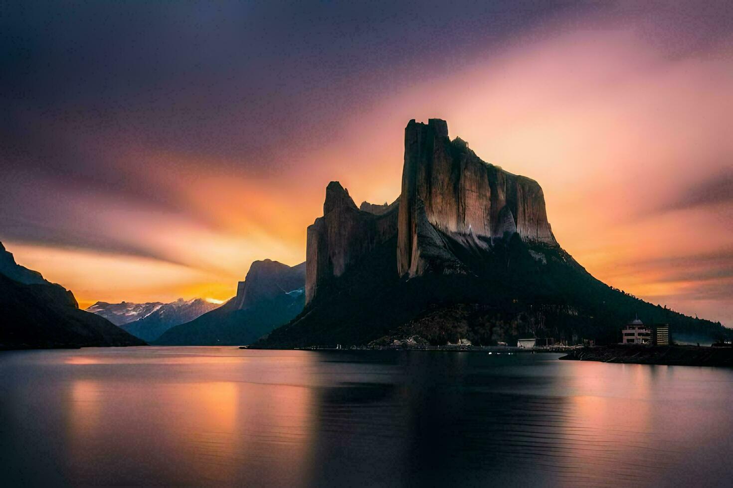 el montañas son reflejado en el agua a puesta de sol. generado por ai foto