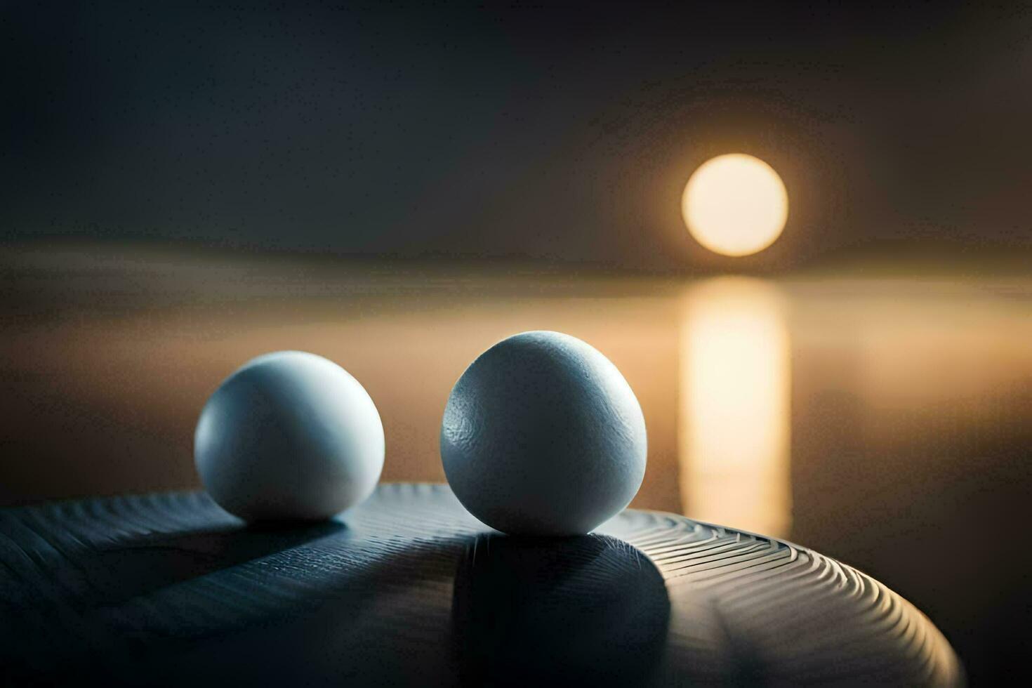 dos huevos sentar en un mesa en frente de un lleno Luna. generado por ai foto