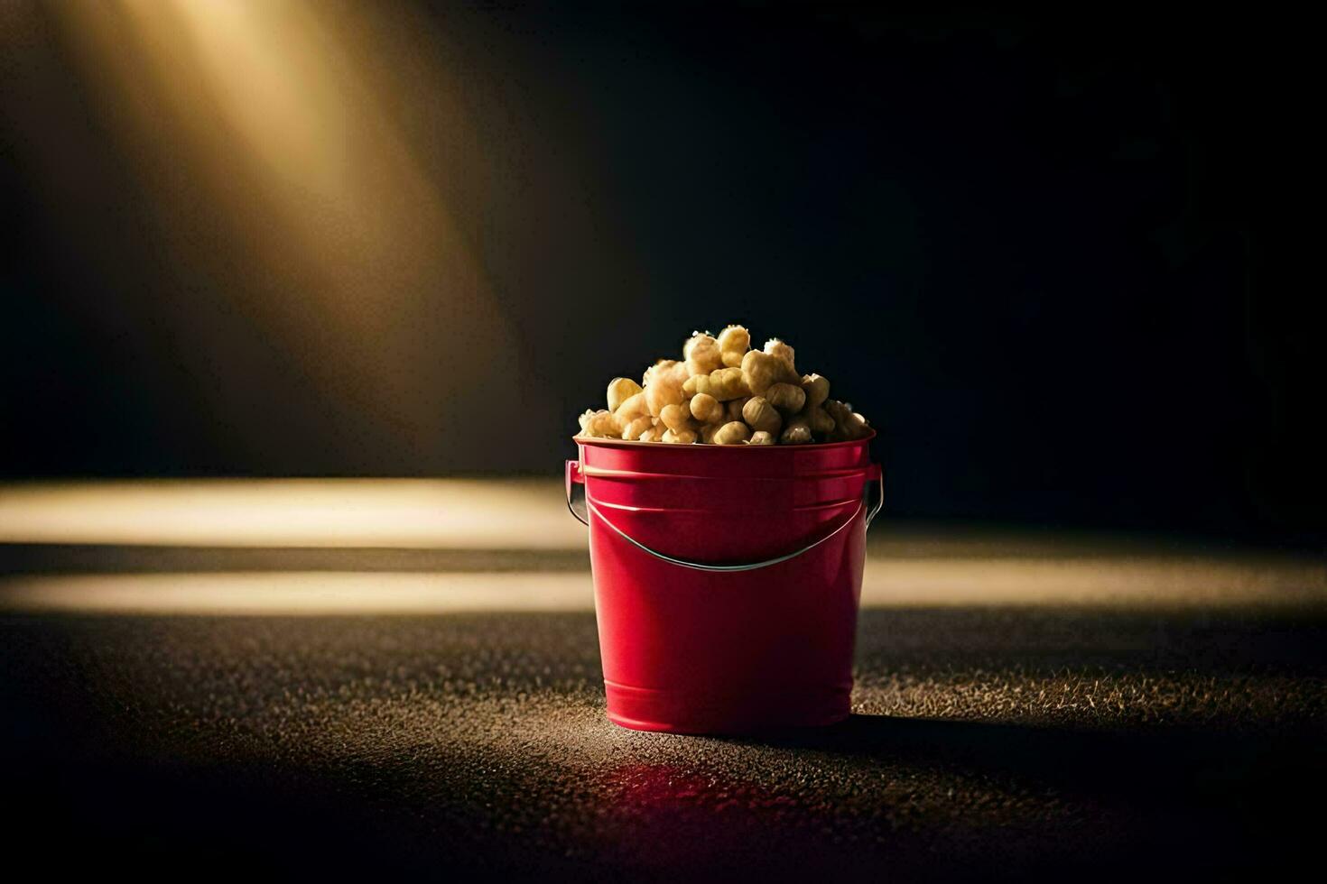 un rojo Cubeta lleno con palomitas de maiz en un oscuro superficie. generado por ai foto