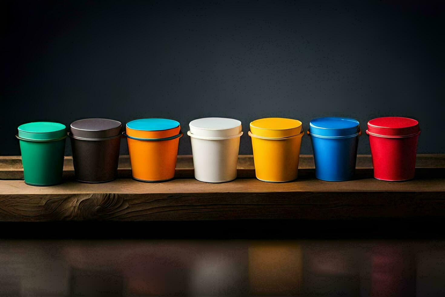 a row of colorful cups on a wooden shelf. AI-Generated photo