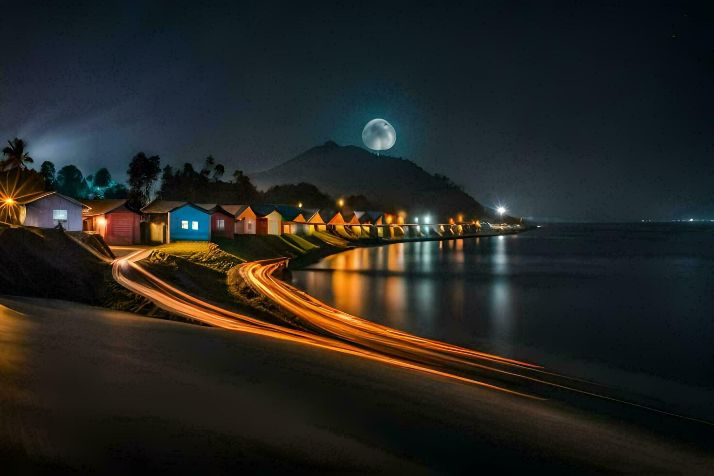 a moonlit night scene with houses on the shore. AI-Generated photo