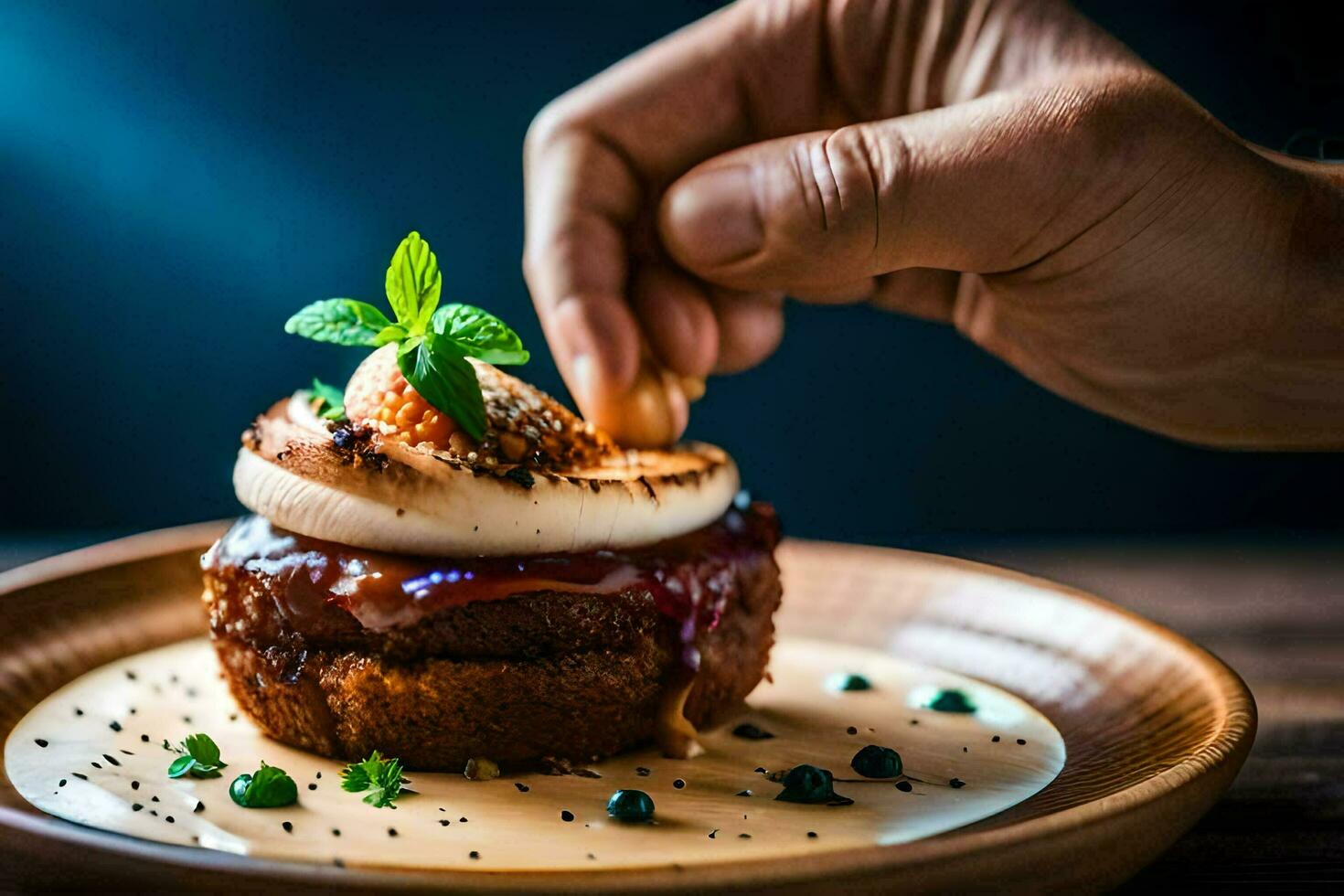 a person is putting a topping on a dessert. AI-Generated photo