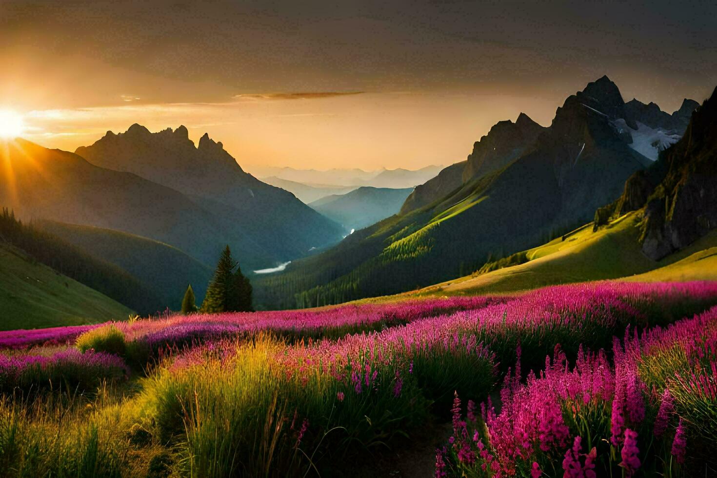 el Dom sube terminado un campo de púrpura flores en el montañas. generado por ai foto
