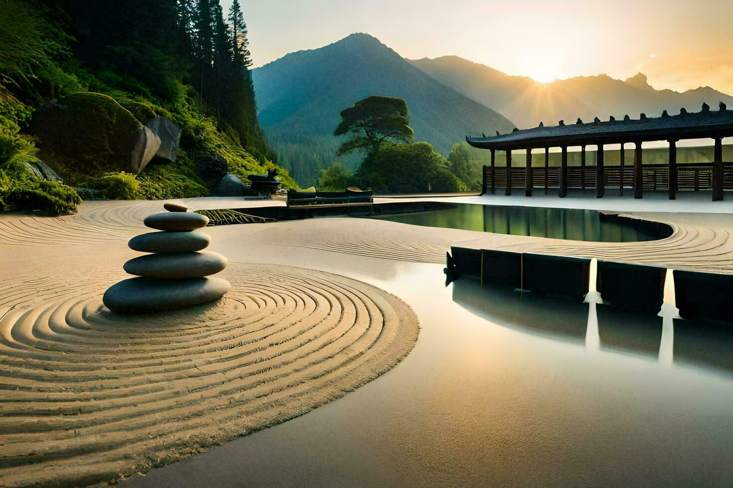 un zen jardín en el montañas. generado por ai foto
