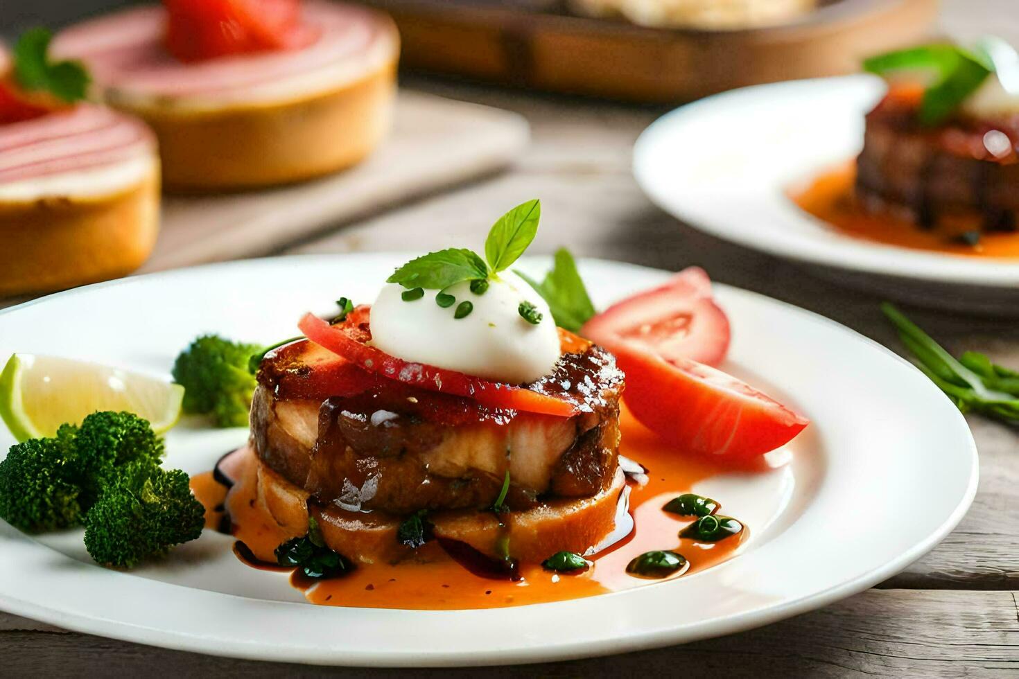 two plates with food on them and a glass of wine. AI-Generated photo