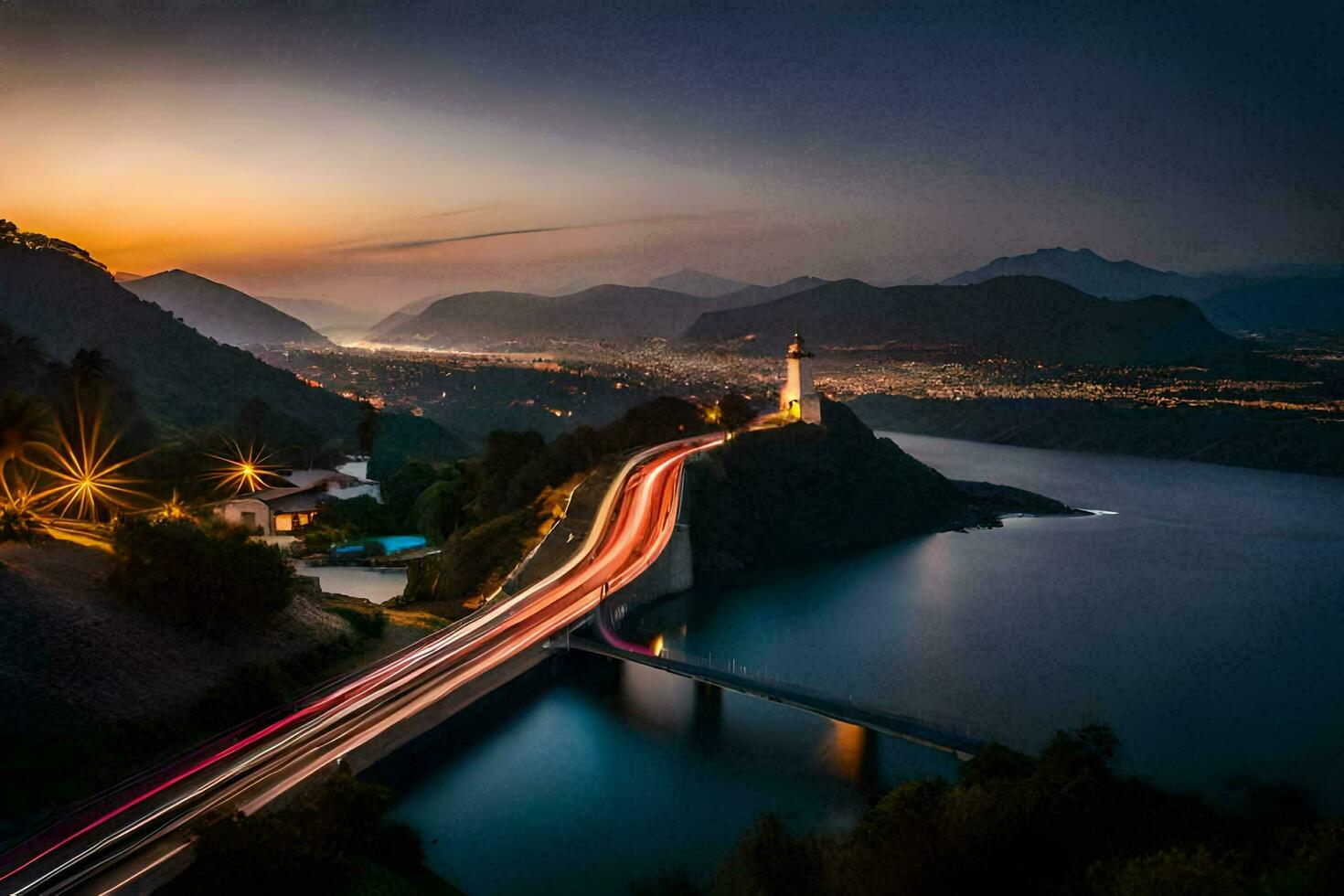 un puente terminado un lago a puesta de sol con luces en el la carretera. generado por ai foto