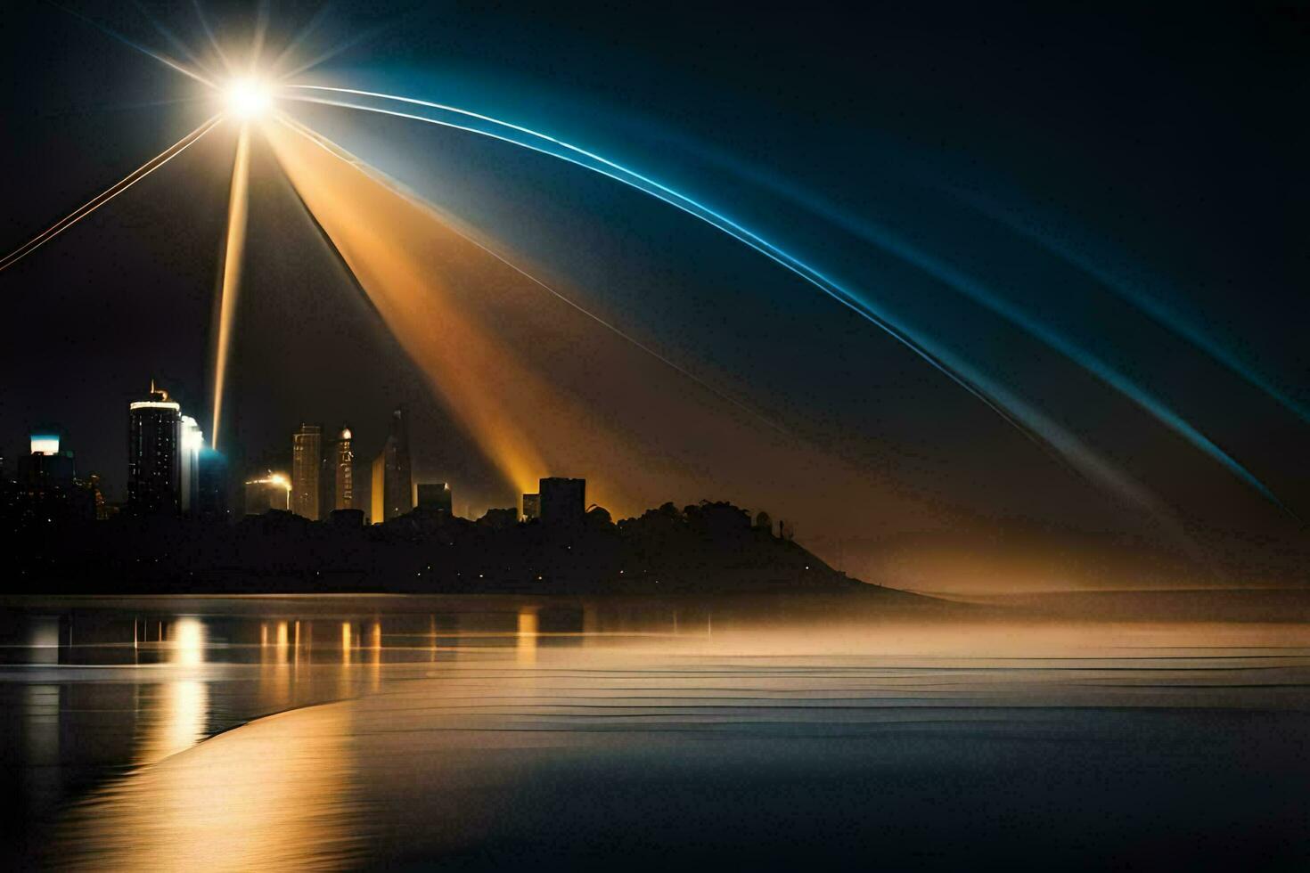 un ciudad horizonte es iluminado por un brillante ligero. generado por ai foto