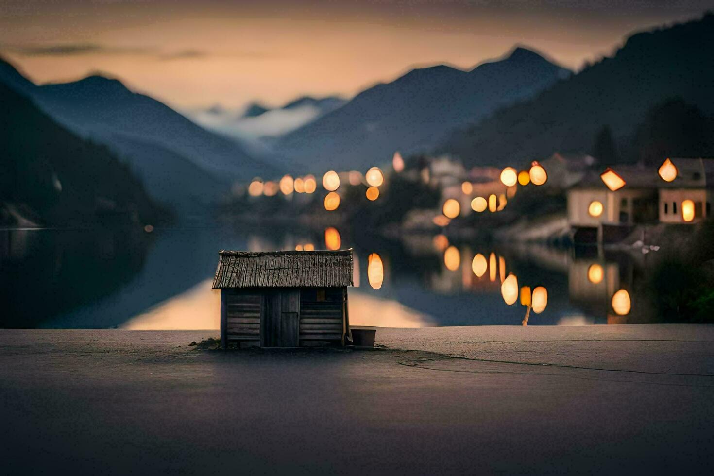 a small house sits on the edge of a lake at dusk. AI-Generated photo