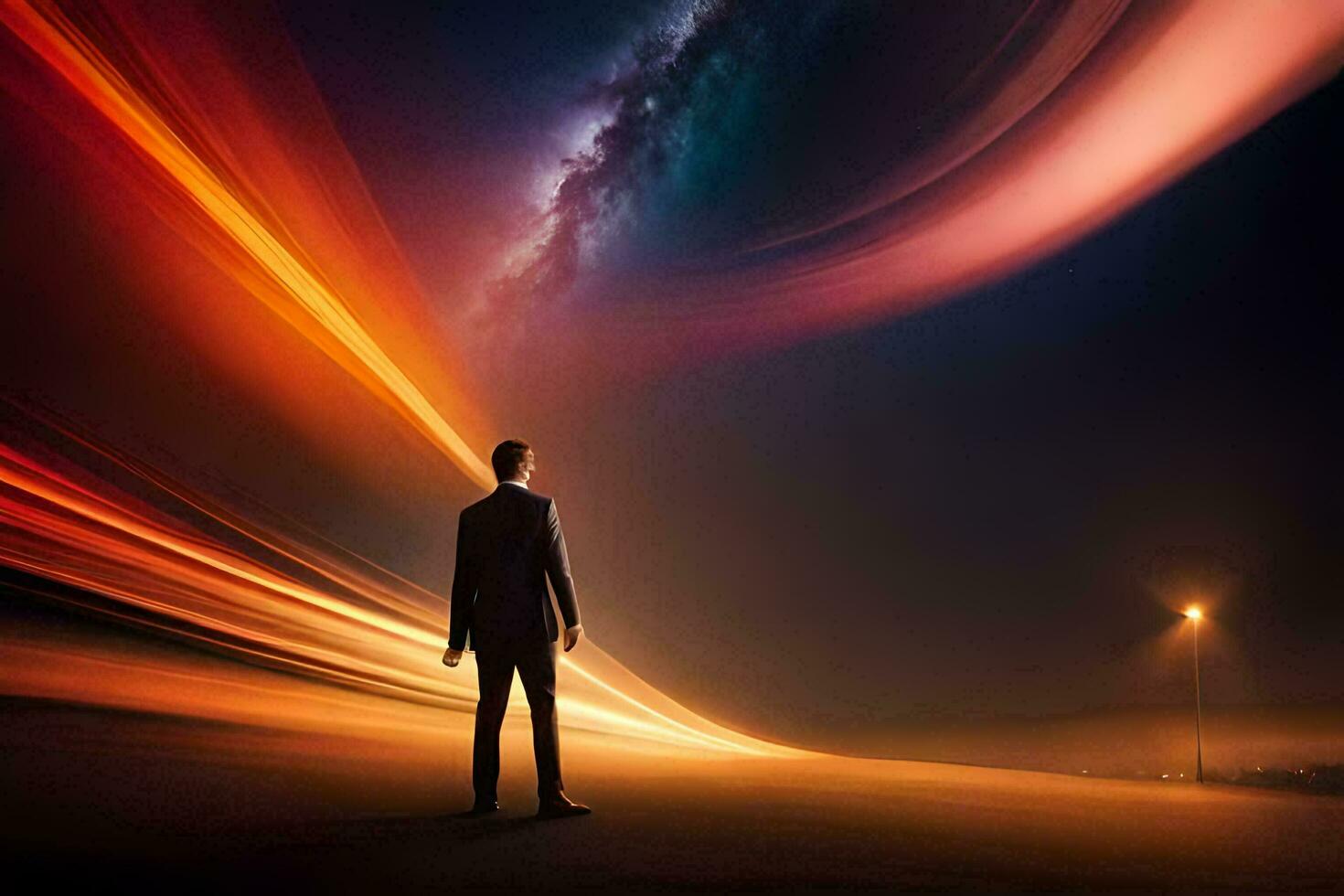 a man standing in the middle of a road with a galaxy in the background. AI-Generated photo
