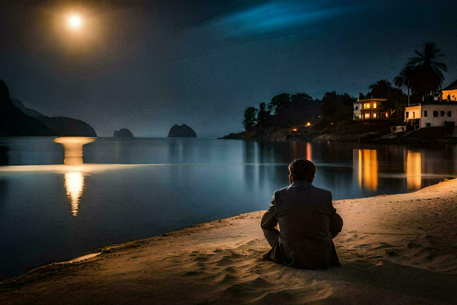 un hombre sentado en el playa a noche con el Luna brillante. generado por ai foto