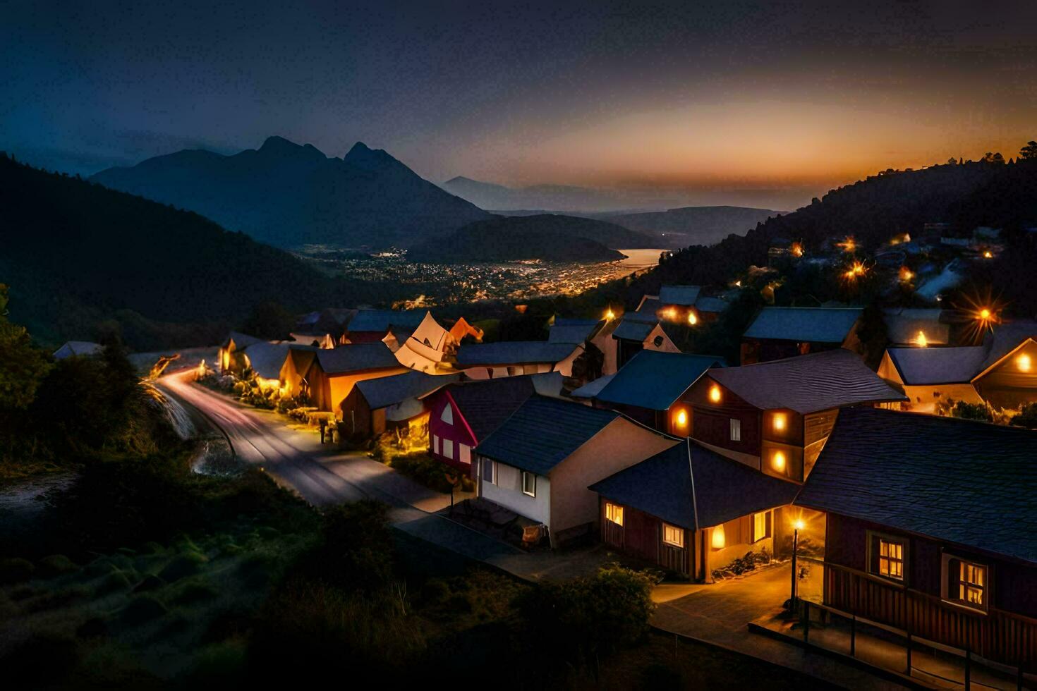 un pueblo a oscuridad con luces en el casas generado por ai foto