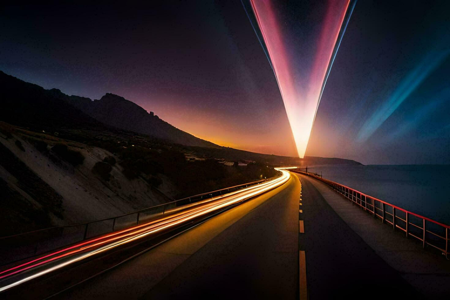 a long exposure photo of a road with light trails. AI-Generated