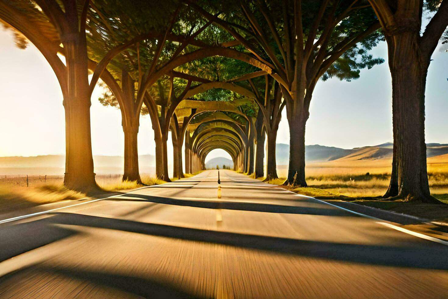 a long road lined with trees and trees. AI-Generated photo