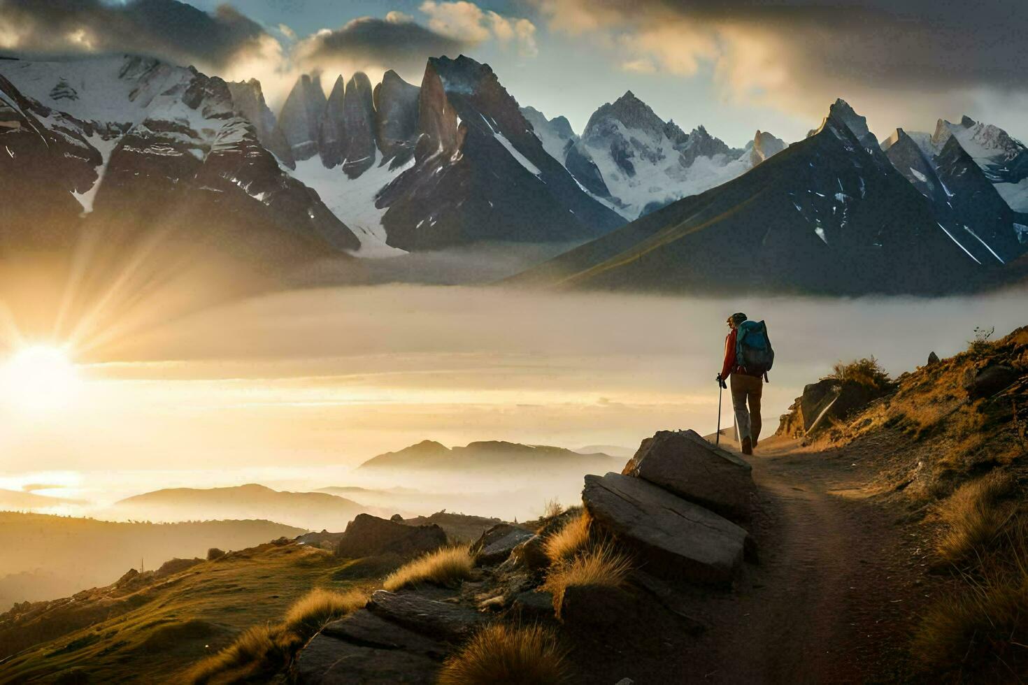 un hombre camina arriba un montaña sendero a amanecer. generado por ai foto